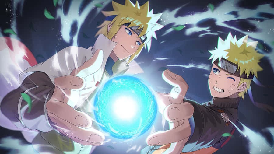 Fanart épica de Naruto e Minato Namikaze unindo forças para criar um grande Rasengan azul brilhante. Minato está à esquerda com seu manto de Hokage e Naruto à direita; ambos estendem as mãos em direção ao centro onde a energia espiral se concentra.